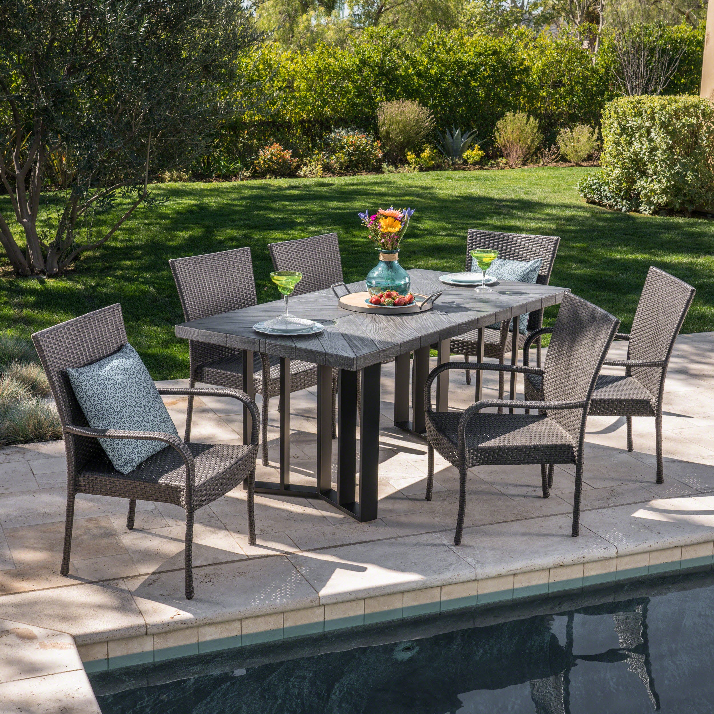 Fiona Outdoor 7 Piece Wicker Dining Set with Concrete Dining Table