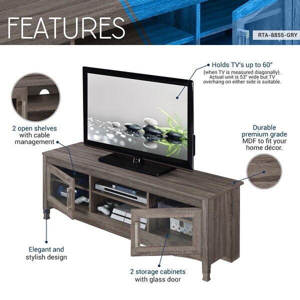 Techni Mobili Driftwood TV Stand Console with 2 Side Glass Door Cabinets and 6 Open Storage Compartments for TVs up to 60''