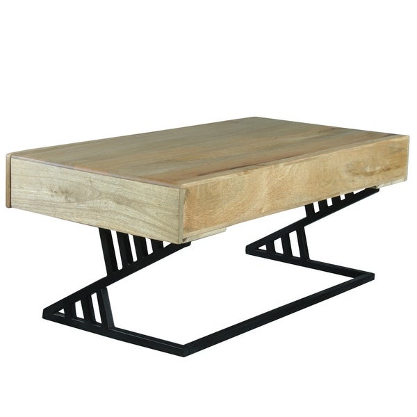 40 Inch Industrial Mango Wood Coffee Table， 1 Drawer， Iron Frame， Light Brown and Black