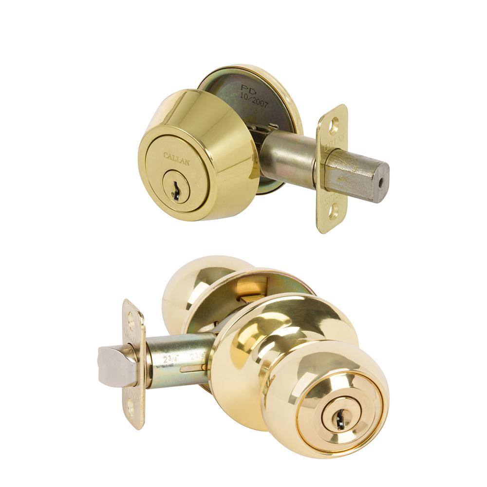 DELANEY HARDWARE Fairfield Classic Style Polished Brass Round Shape Entry Door Knob and Single Cylinder Deadbolt Combo Pack Keyed Alike KR3003