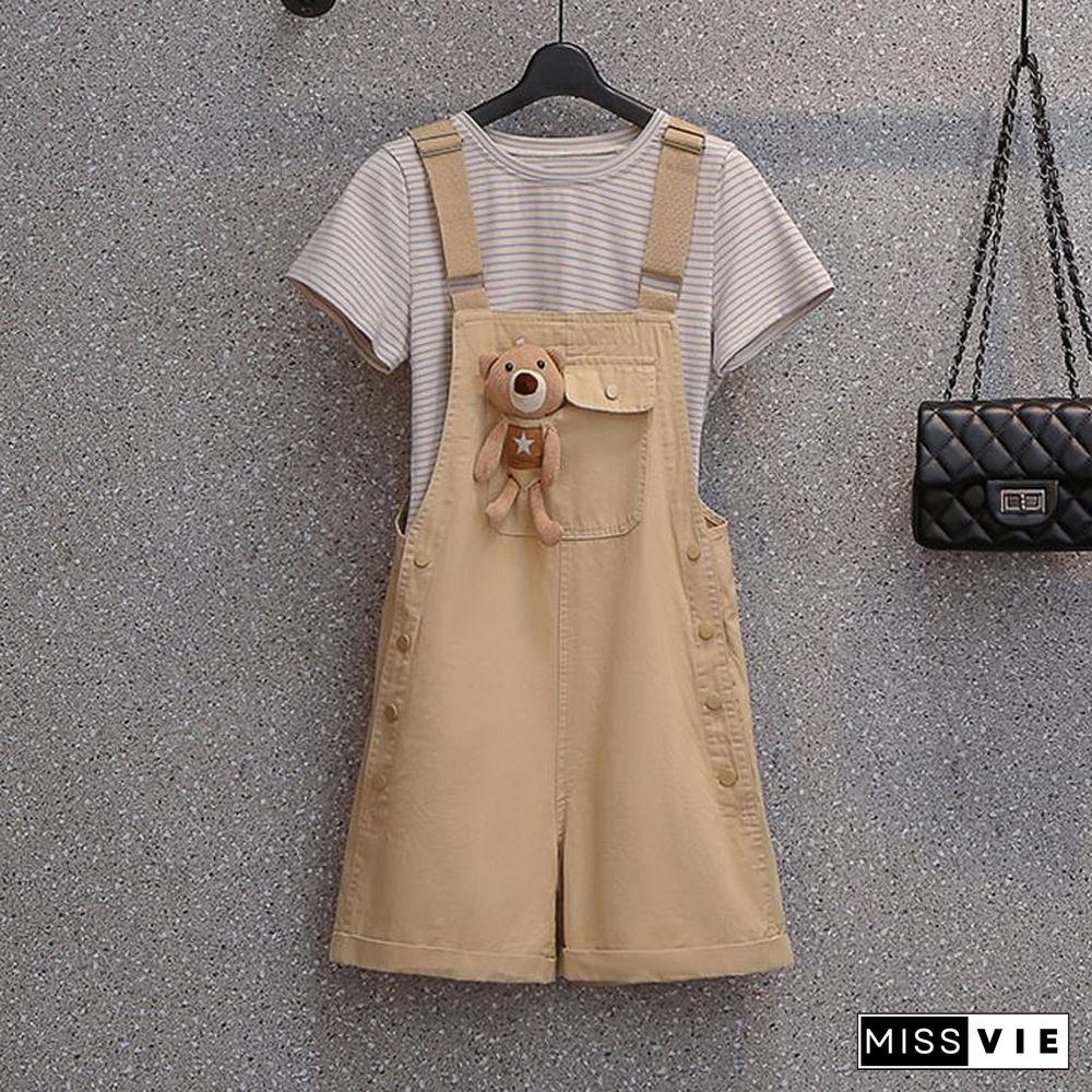 Solid Color Tee+Cute Bear Overalls P15081