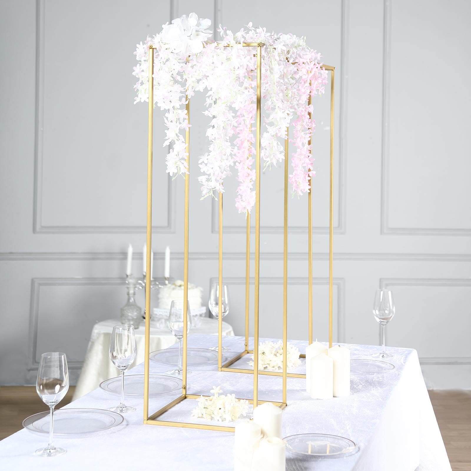 2 Pack Rectangular Gold Metal Wedding Flower Stand, Geometric Column Frame Centerpiece 40