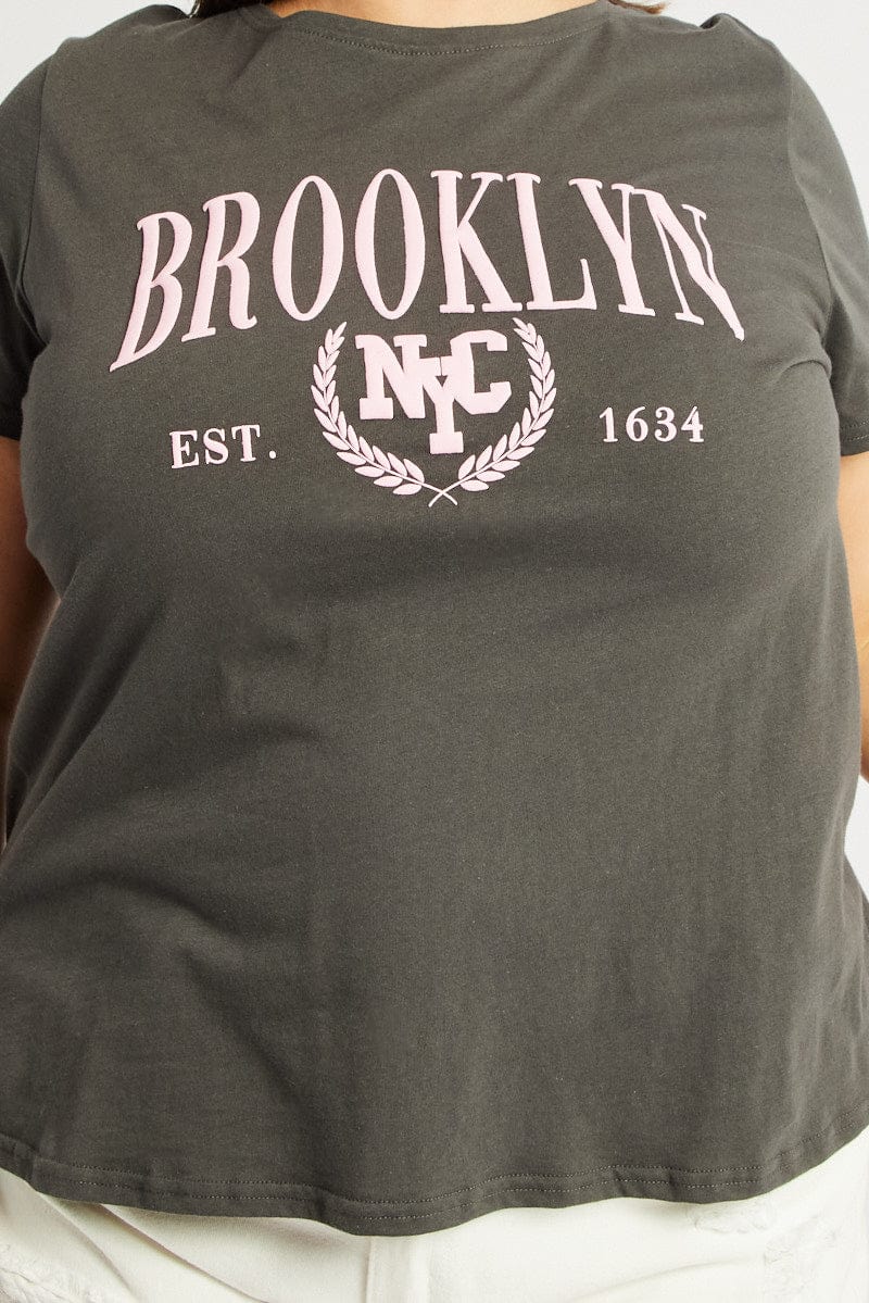Grey Graphic T Shirt Short Sleeve Crew Neck