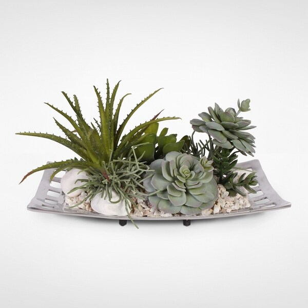 Artificial Succulents with Natural Pebbles in an Aluminum Tray