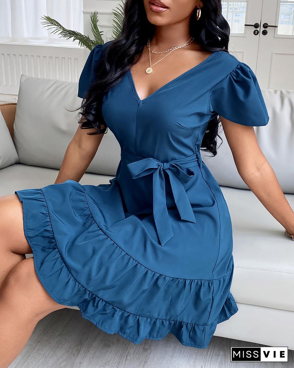 Solid V-Neck Shirred Back Ruffle Hem Belted Dress