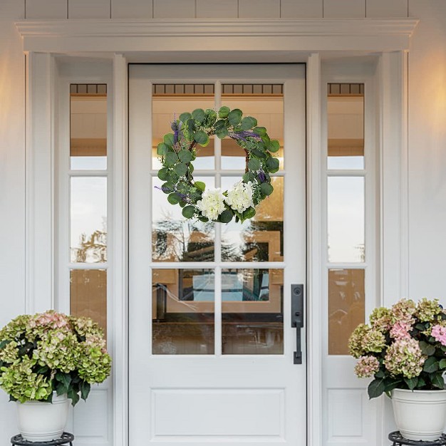 Eucalyptus And Lavender Artificial Wreath With White Hydrangeas For Front Door Or Wall Decor green