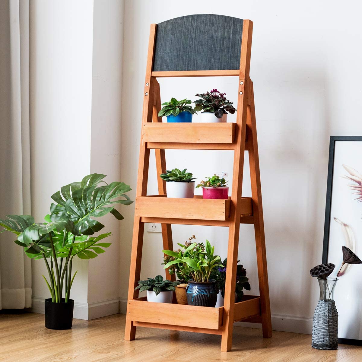 Freestanding Wooden Chalkboard Sign Plant Stand with 3-Tier Display Shelf