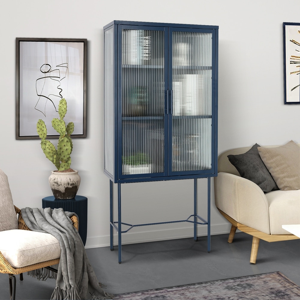 Elegant Floor Cabinet with 2 Tampered Glass Doors Living Room Display Cabinet