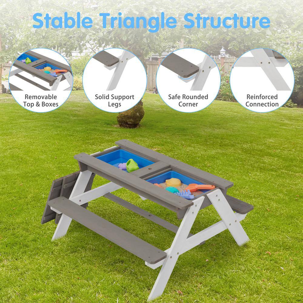 Tunearary Wooden Camping Picnic Table Outdoor Bench Set With Umbrella Sand Table Kids Play Box's H46Z1390