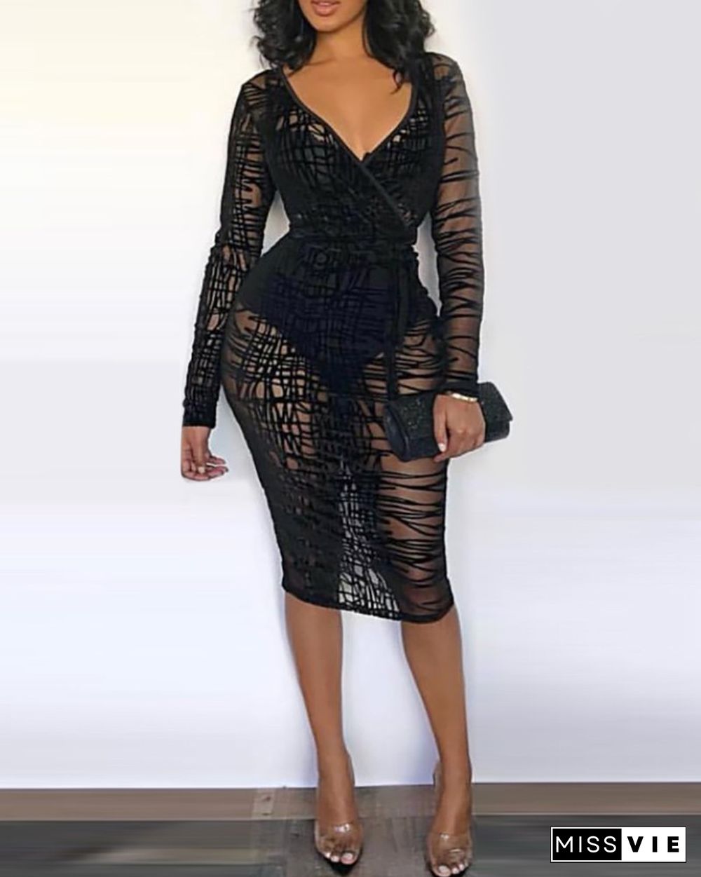 Plus Size Sheer Mesh Slit Midi Dress