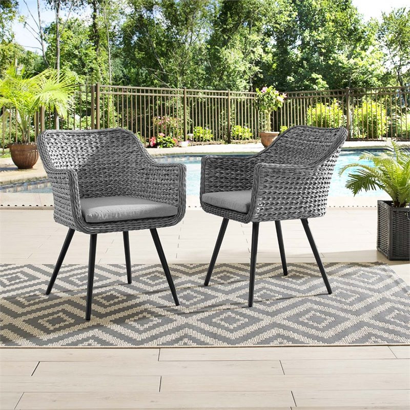 Modway Endeavor 19 quotRattan  ampFabric Patio Dining Armchair in Gray (Set of 2)   Tropical   Outdoor Dining Chairs   by Homesquare  Houzz