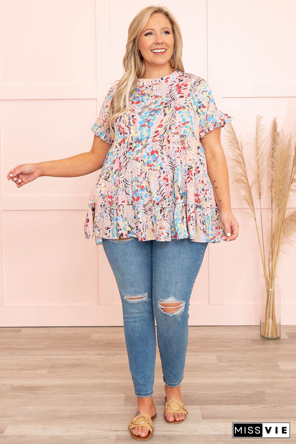 Pink Floral Print Tiered Ruffled Plus Size Blouse