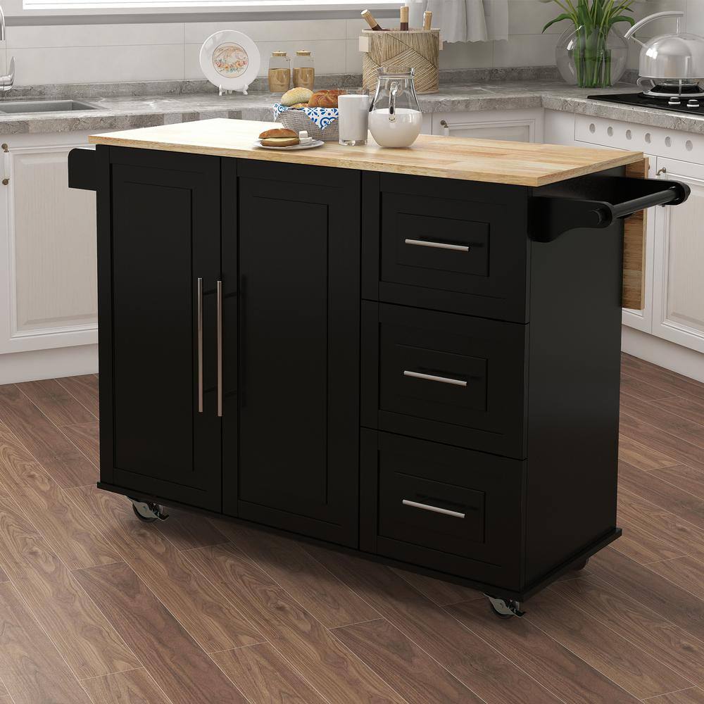 FAMYYT Black Rolling Solid Wood Tabletop 44 in. Kitchen Island XJ-282BK-L