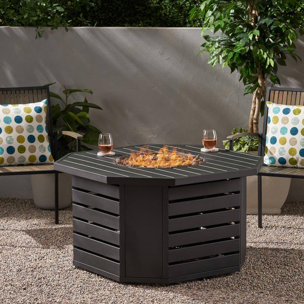 Noble House Rene 45 in. W x 24 in. H Outdoor Iron Gas Burning Matte Black Octagonal Fire Pit 69666