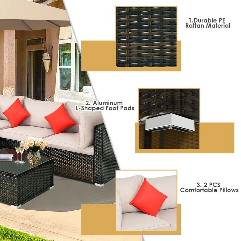 5 Pcs Outdoor Patio Rattan Furniture Sectional Sofa Set Wicker Conversation Set with Cushions