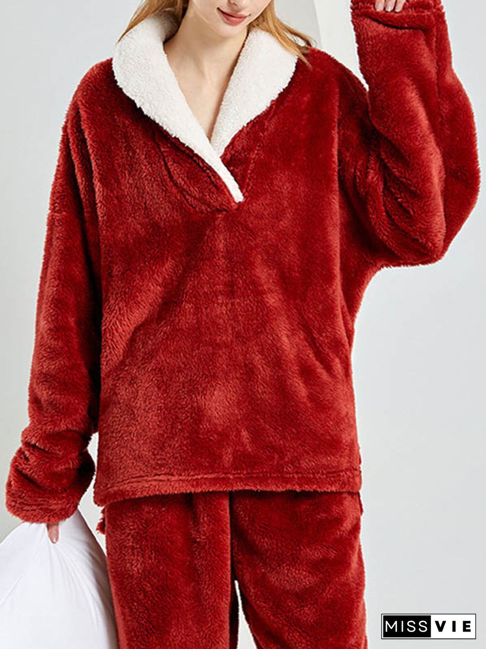 Coral Fleece Split-Joint V-Neck + Pants Pajama Two Pieces Set