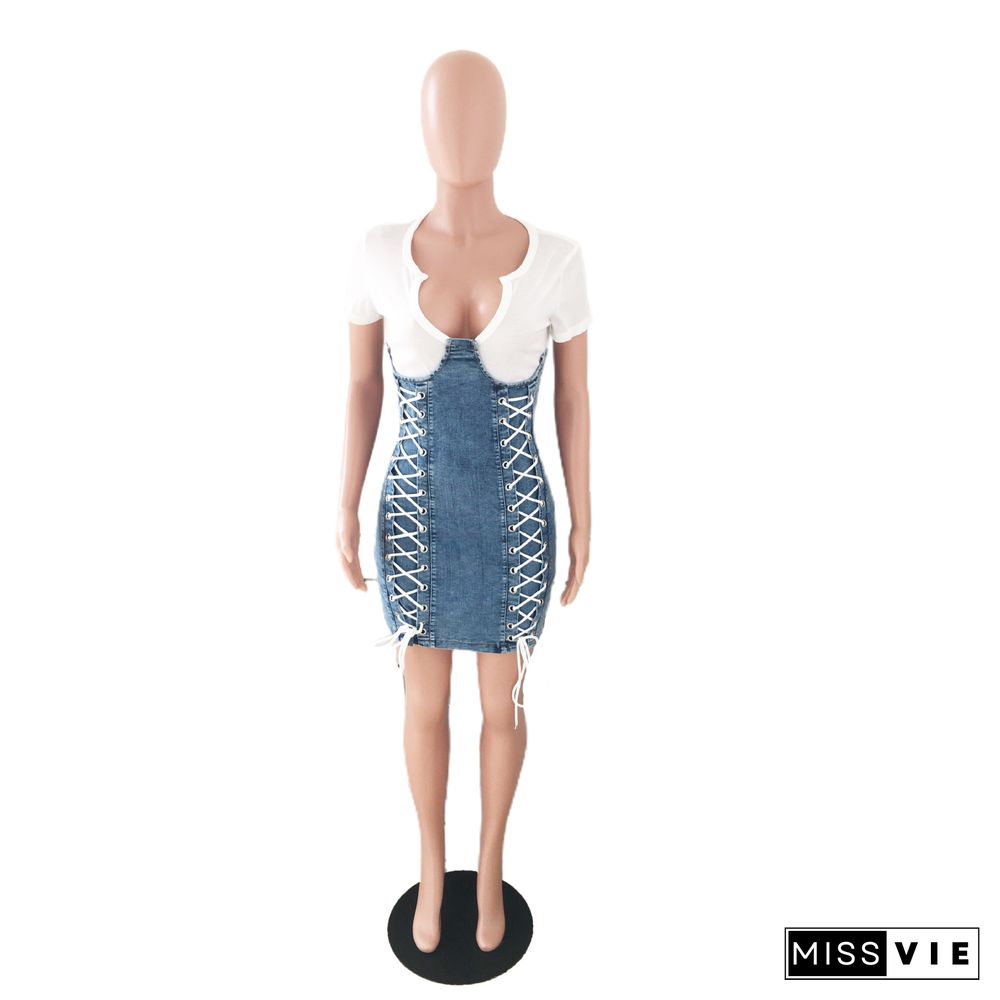 Sexy Side Hole Suspenders Fake Two-Piece Denim Dress