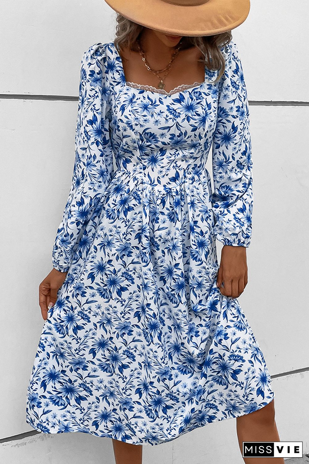 Blue Square Neck Elastic Waist Floral Dress