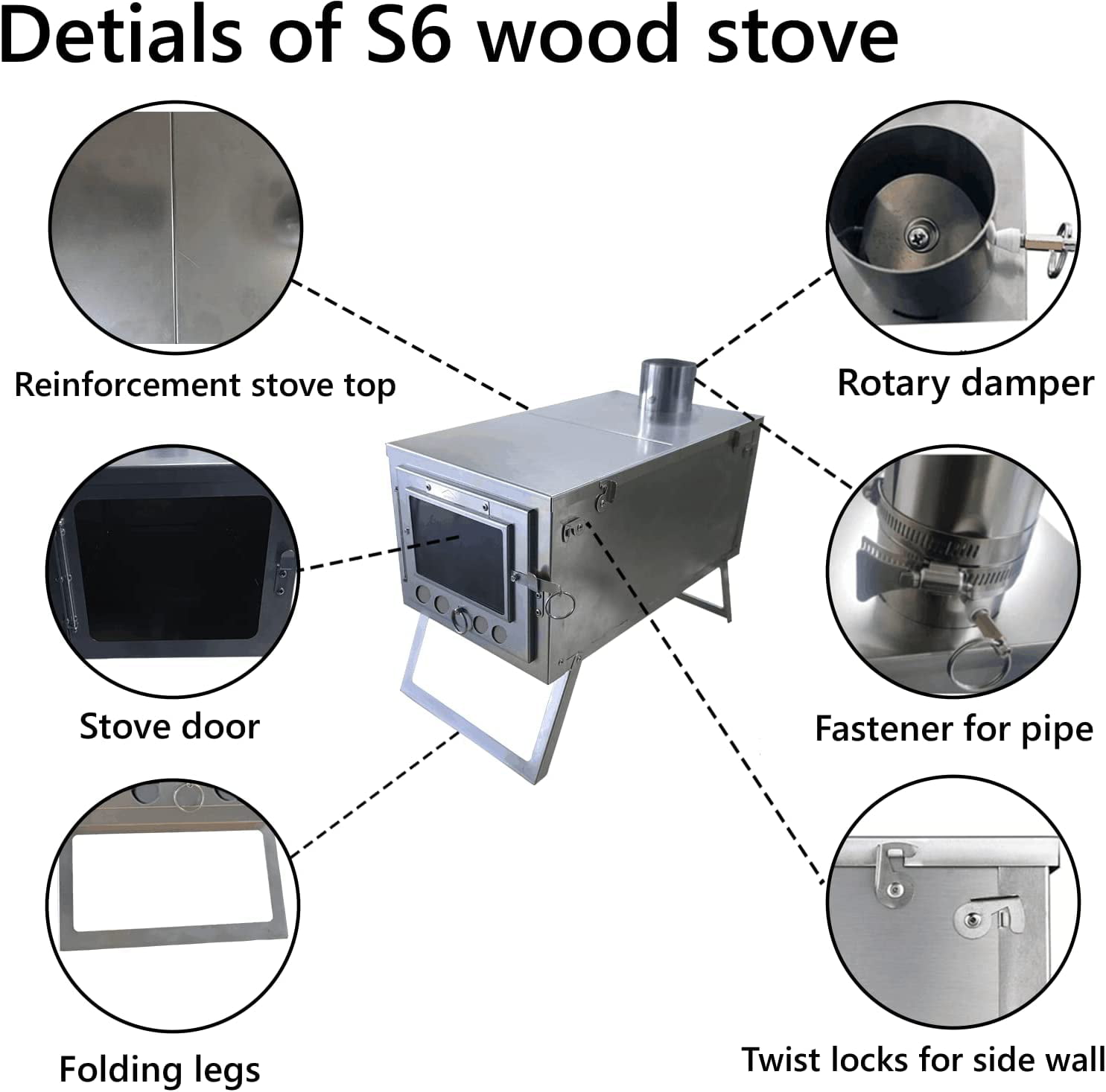 DANCHEL S6 Stainless Steel Portable Tent Stove Folding Wood Stoves with 7.2ft Pipe for Outdoor Camping Cooking Warming