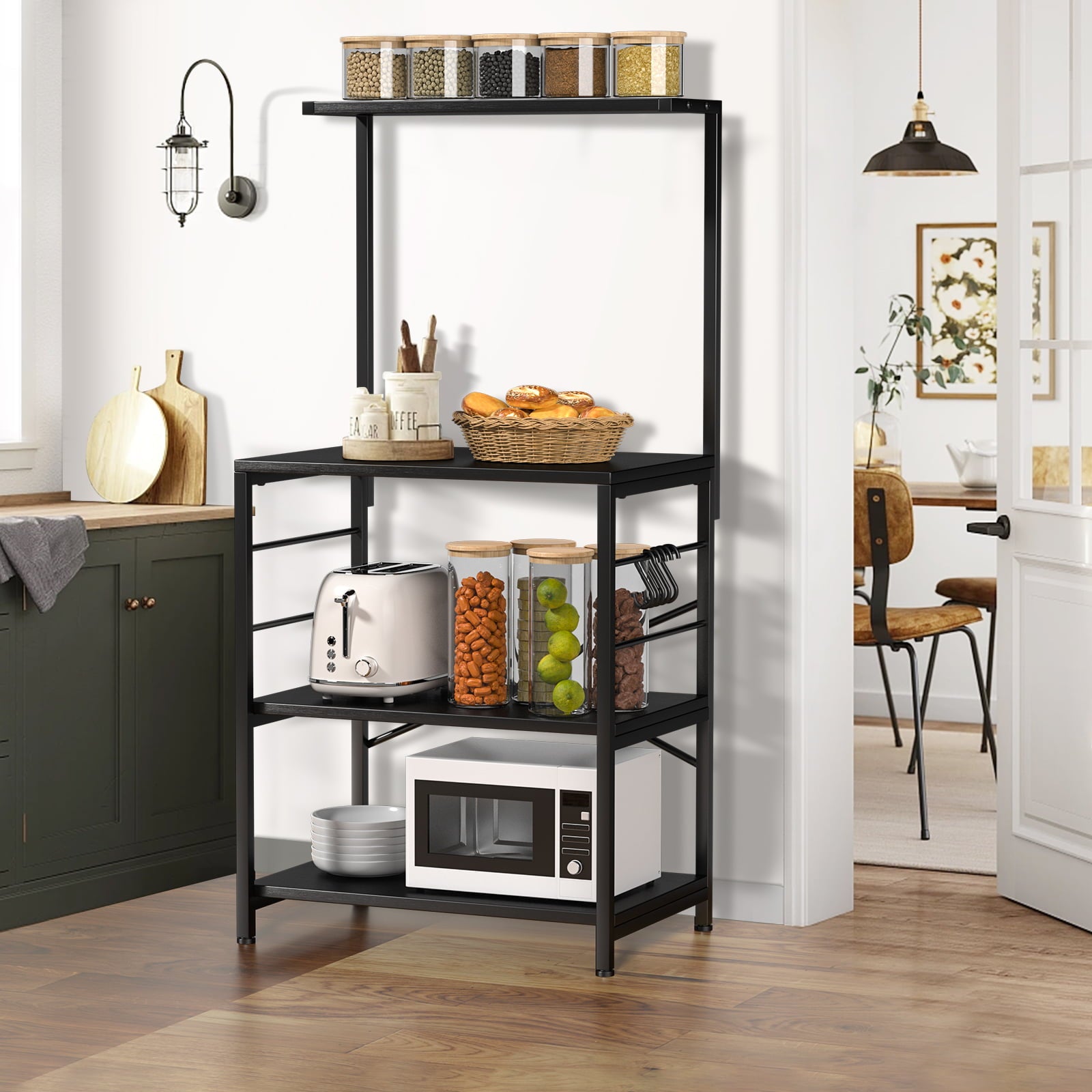 Cheflaud Kitchen Baker's Rack Storage Shelf Microwave Cart Oven Stand Coffee Bar with Side Hooks 4 Tier Shelves(Black)