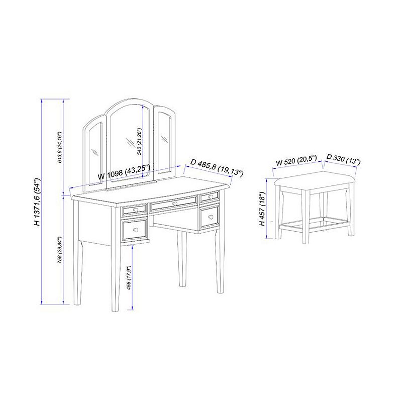 Linon Vanity， Mirror and Bench 3-piece Set