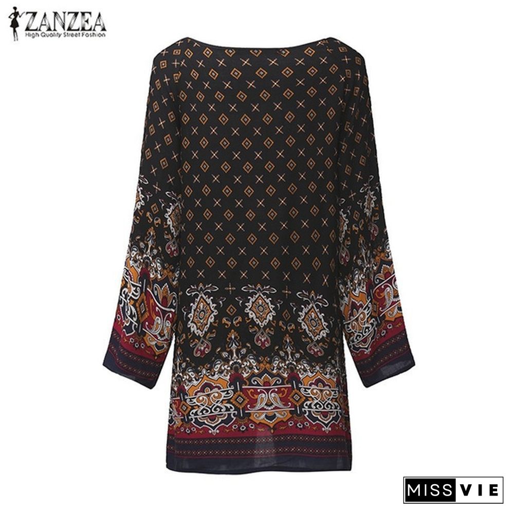 Zanzea Women Round Neck Floral Print Mini Dress Boho Ladies Casual Loose Long Tops Shirt Blouse