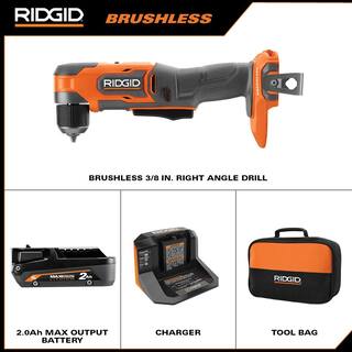 RIDGID 18V SubCompact Brushless Cordless 38 in. Right Angle Drill Kit with 2.0 Ah MAX Output Battery and Charger R87701K