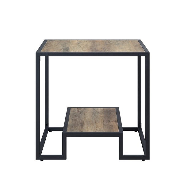 Lea 22 Inch Wood End Table， Grain Details， Metal Frame， Rustic Oak