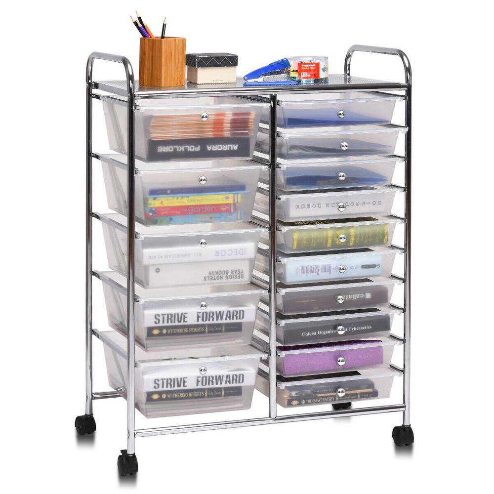 Costway 15 Drawer 4-Wheeled Rolling Storage Cart Tools Scrapbook Paper Office School Organizer in Clear HW53825CL