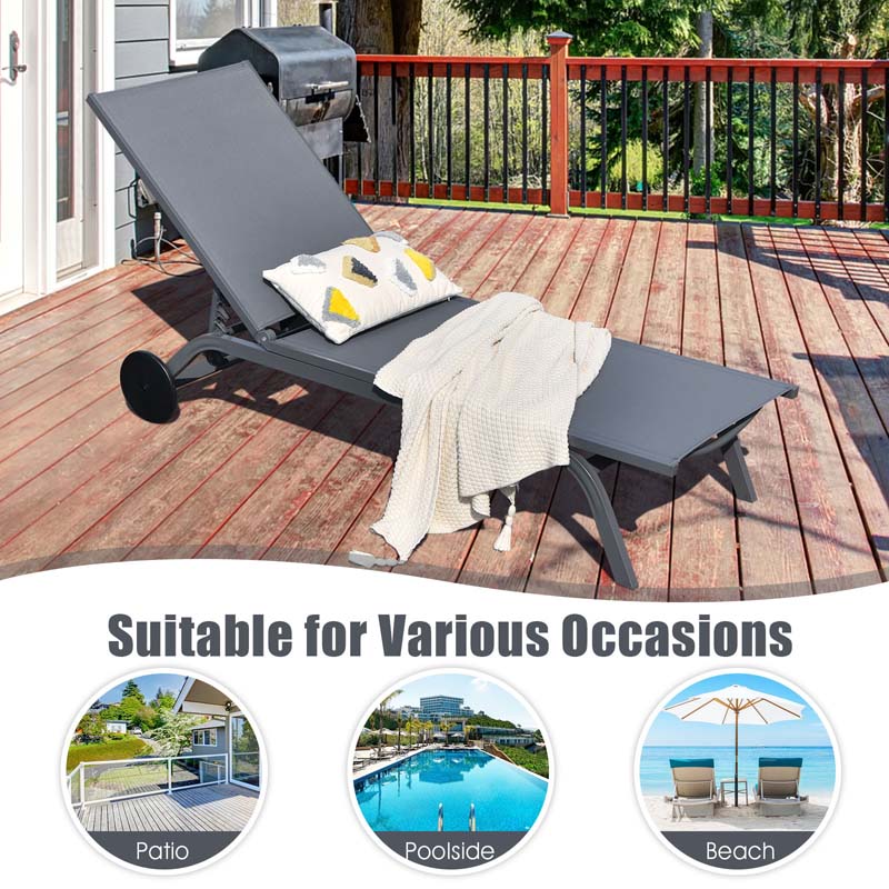 Aluminum Patio Chaise Lounge Chair with Wheels, 6-Position Fabric Outdoor Sun Lounger for Pool Beach Deck Yard