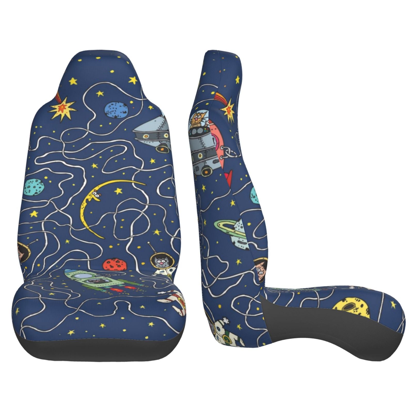 TEQUAN Front Seat Covers， Space Astronaut Cat Rocket Pattern 2 Piece Car Seat Cover Fit Most Car SUV Truck Van