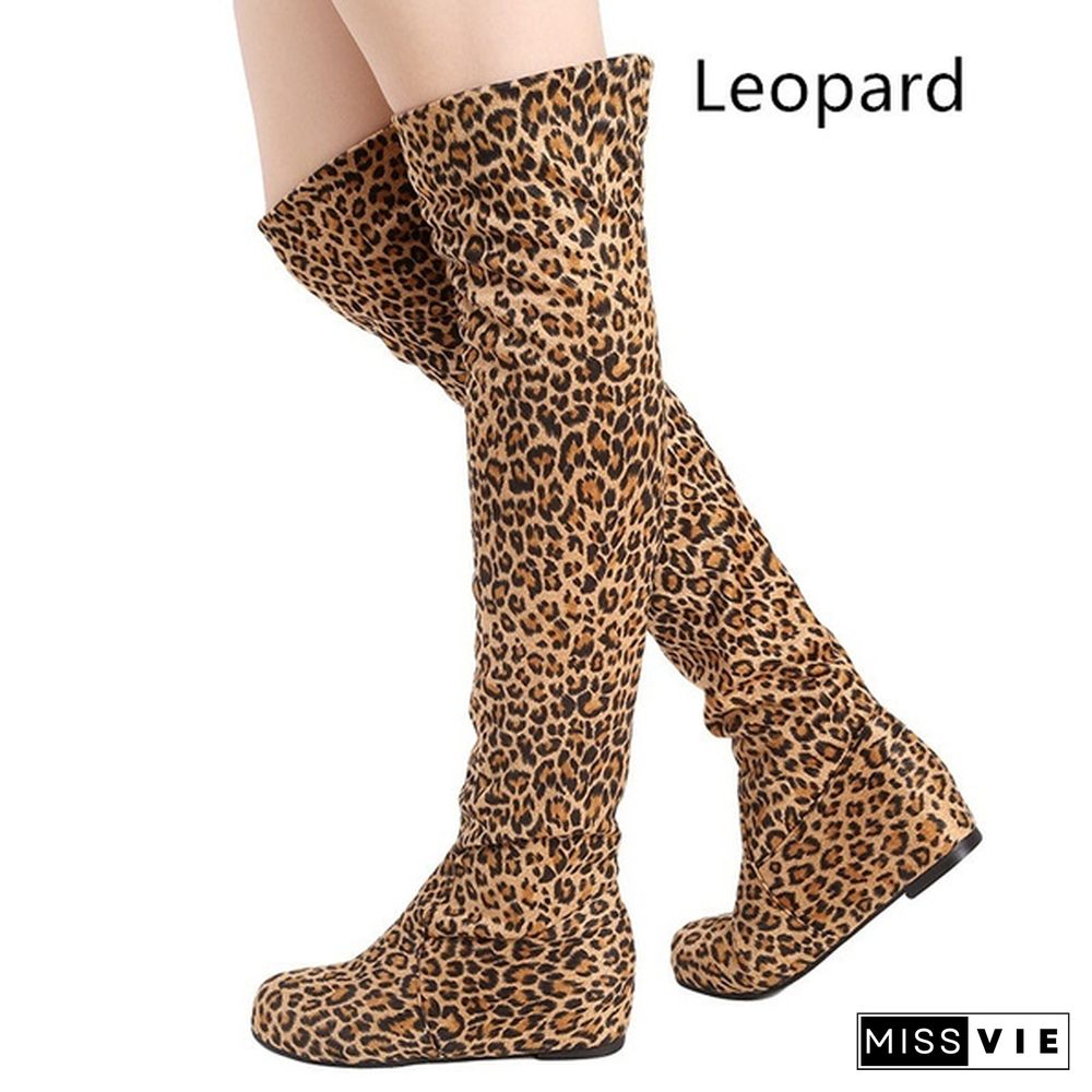 Black Leopard Women Boots Winter Spring Ladies Fashion Flat Bottom Boots Shoes Over The Knee High Leg Suede Long Boots