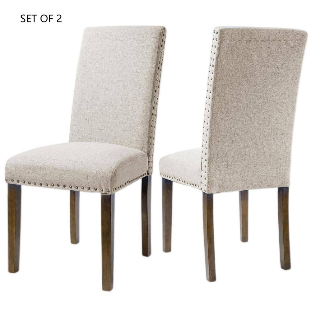 Polibi 24.41 in. W Beige Upholstered Dining Chairs Fabric Dining Chairs with Copper Nails (Set of 2) RS-UDCFCN-BI