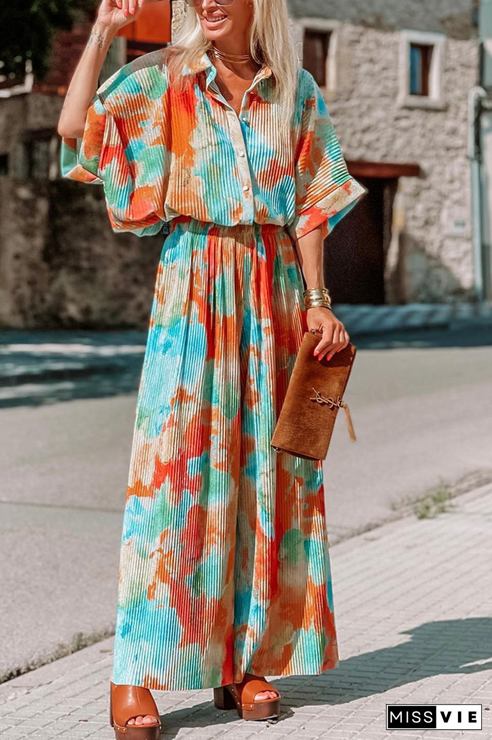 Pleated Tie Dye Buttoned Wide Leg Jumpsuit