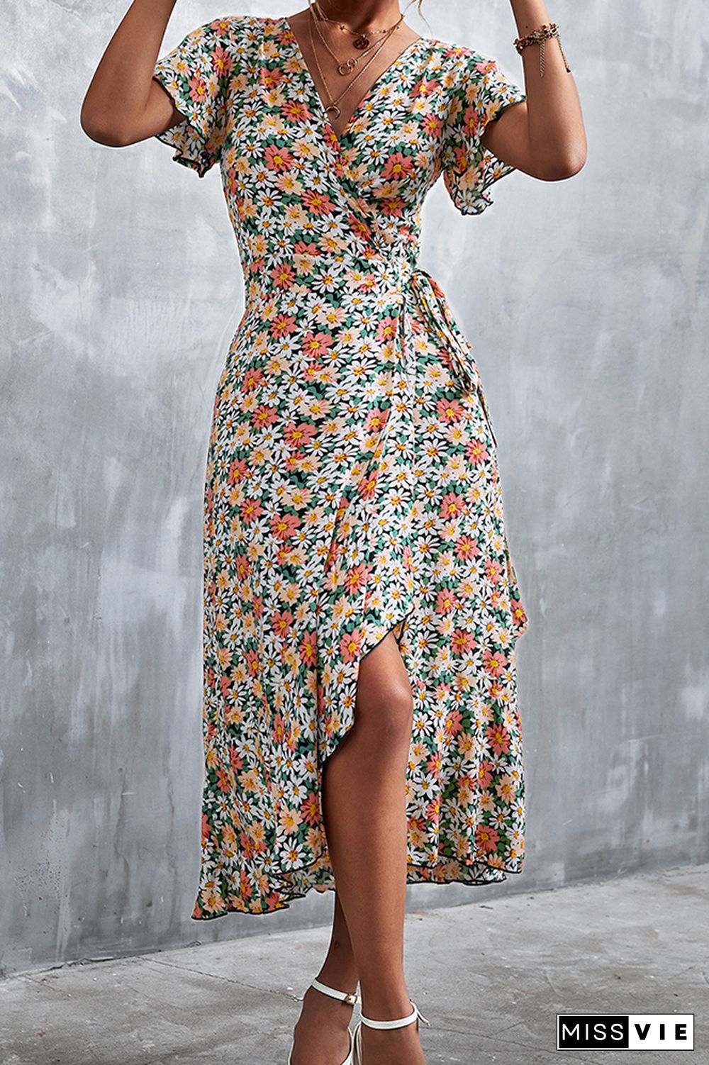 Floral Print V Neck Short Sleeve Dress Wholesale