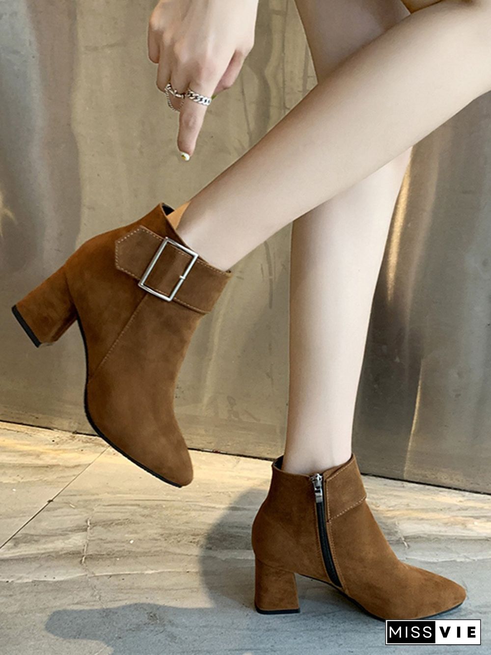 Chunky Heel Buckle Pointed-Toe Suede Martin Boots