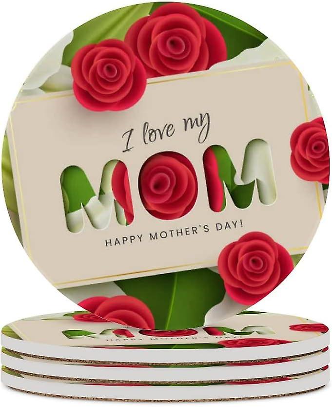 1pc Round Happy Mothers Day With Lilies Roses Ceramic Coasters With Cork-backed For Coffee Drink Cup Mat Absorbent Stone Coasters