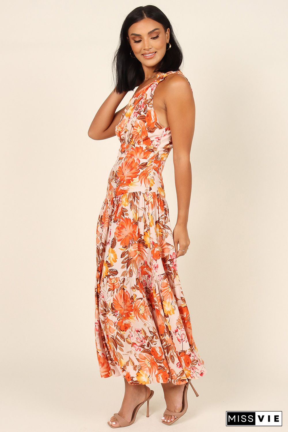 Orange Floral Print Pleated One Shoulder High Waist Maxi Dress