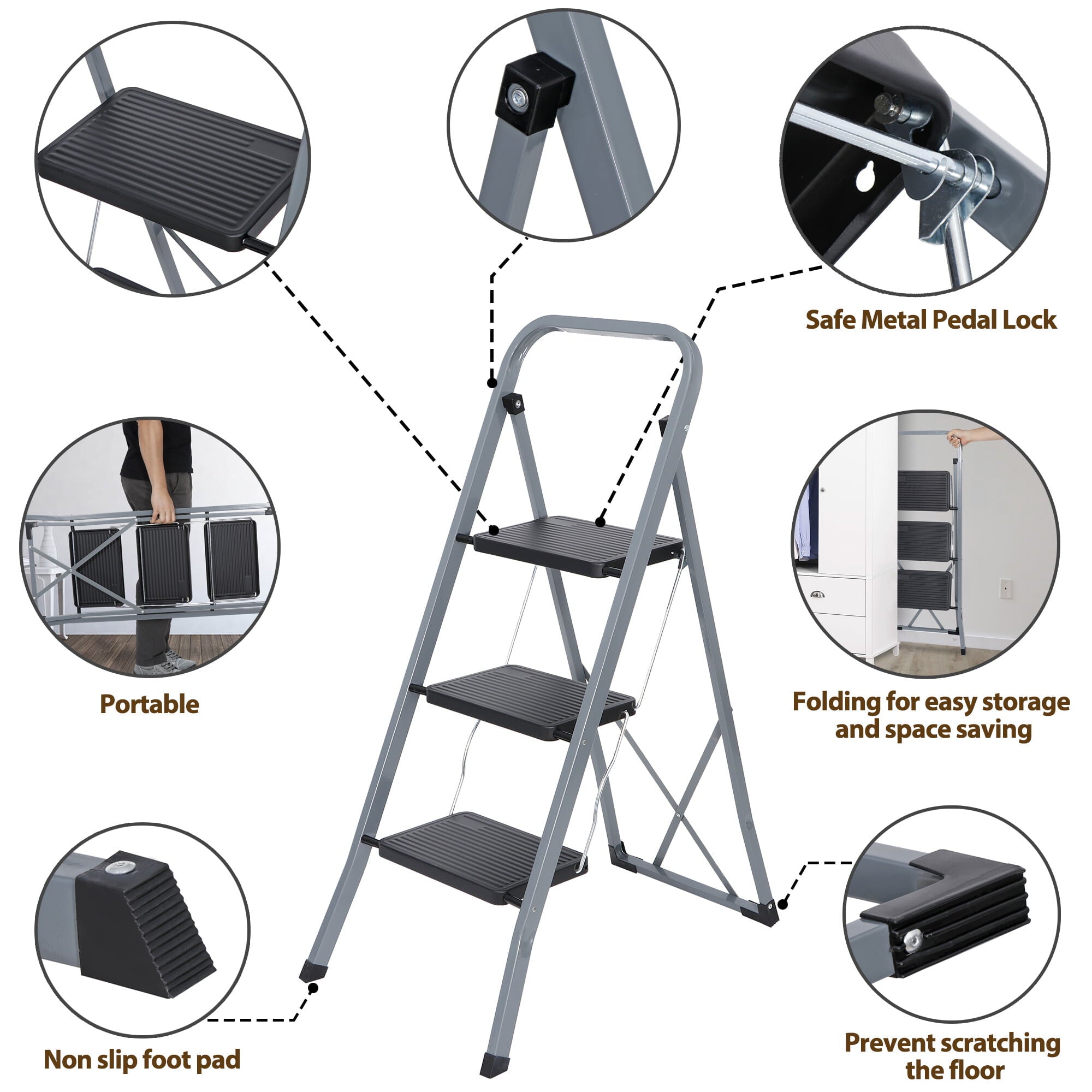 HomGarden Folding 3-Step Ladder, Steel Step Stool with Handgrip, Wide Pedal Non-Slip Max 300 lbs Black