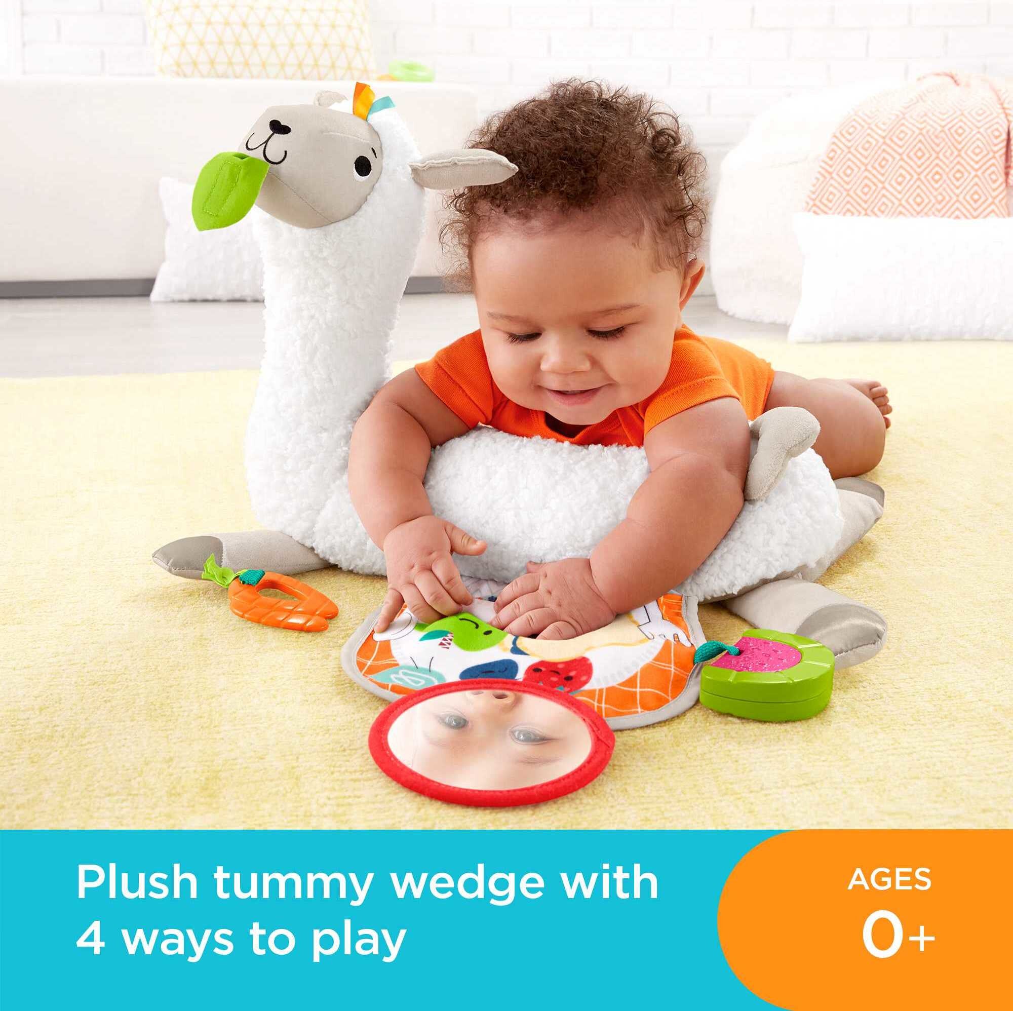 Fisher-Price Grow-with-Me-Tummy Time Llama Plush Baby Wedge with 3 Take-Along Sensory Toys