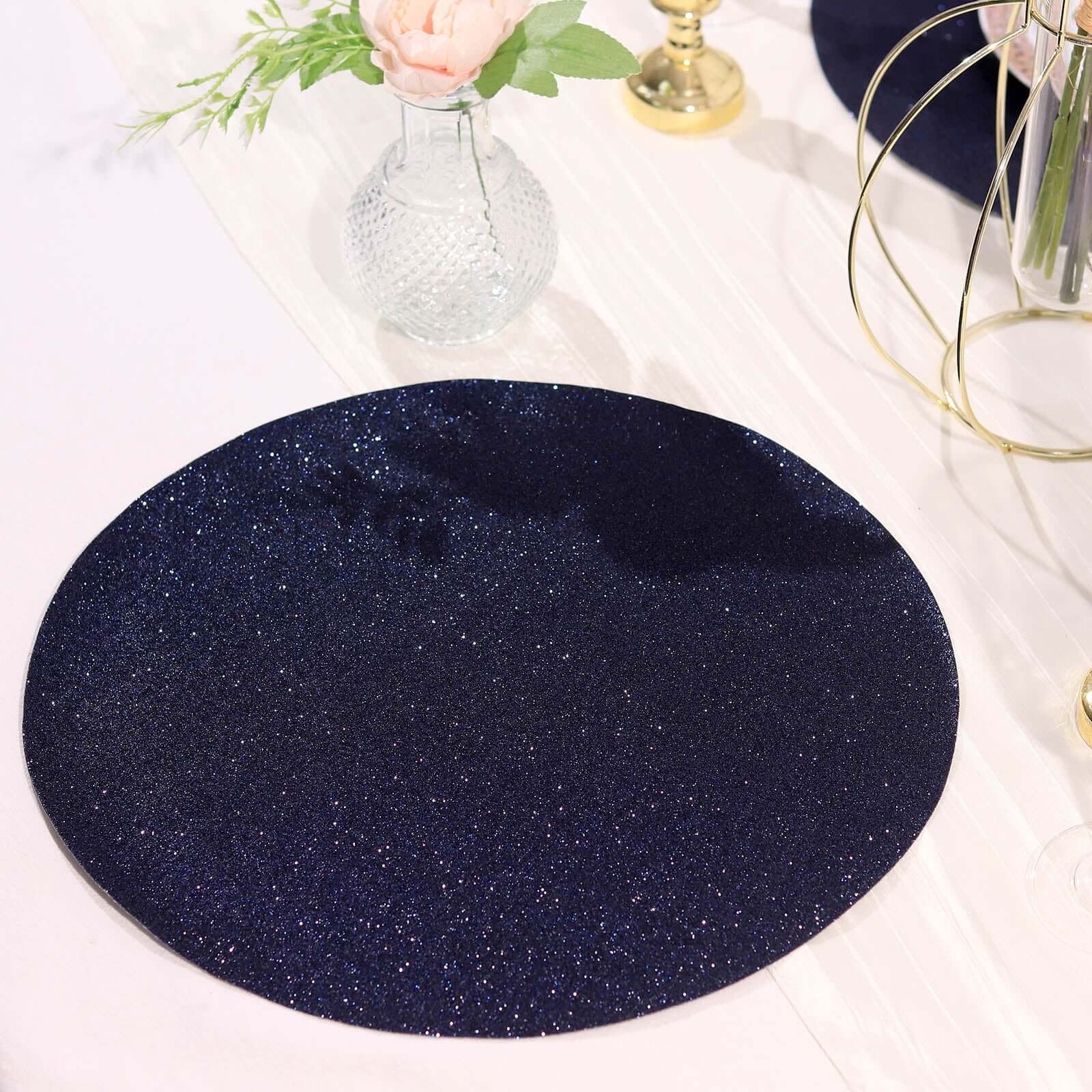 6 Pack Navy Blue Sparkle Placemats, Non Slip Decorative Round Glitter Table Mat