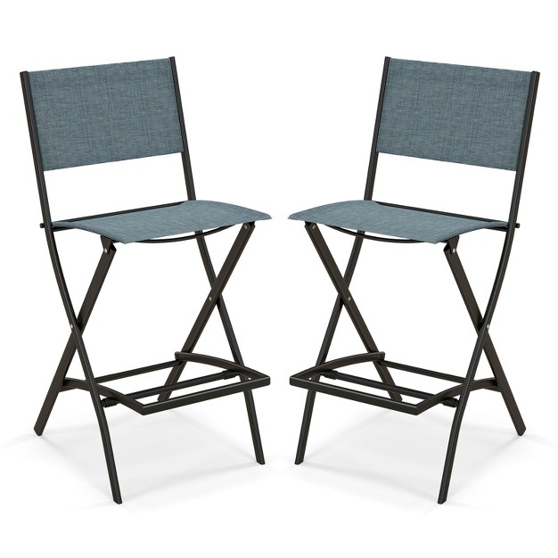 Tangkula Outdoor Barstools Set Of 2 4 Counter Height Folding Bar Chairs With Back And Footrest Versatile Patio Dining Chairs Blue