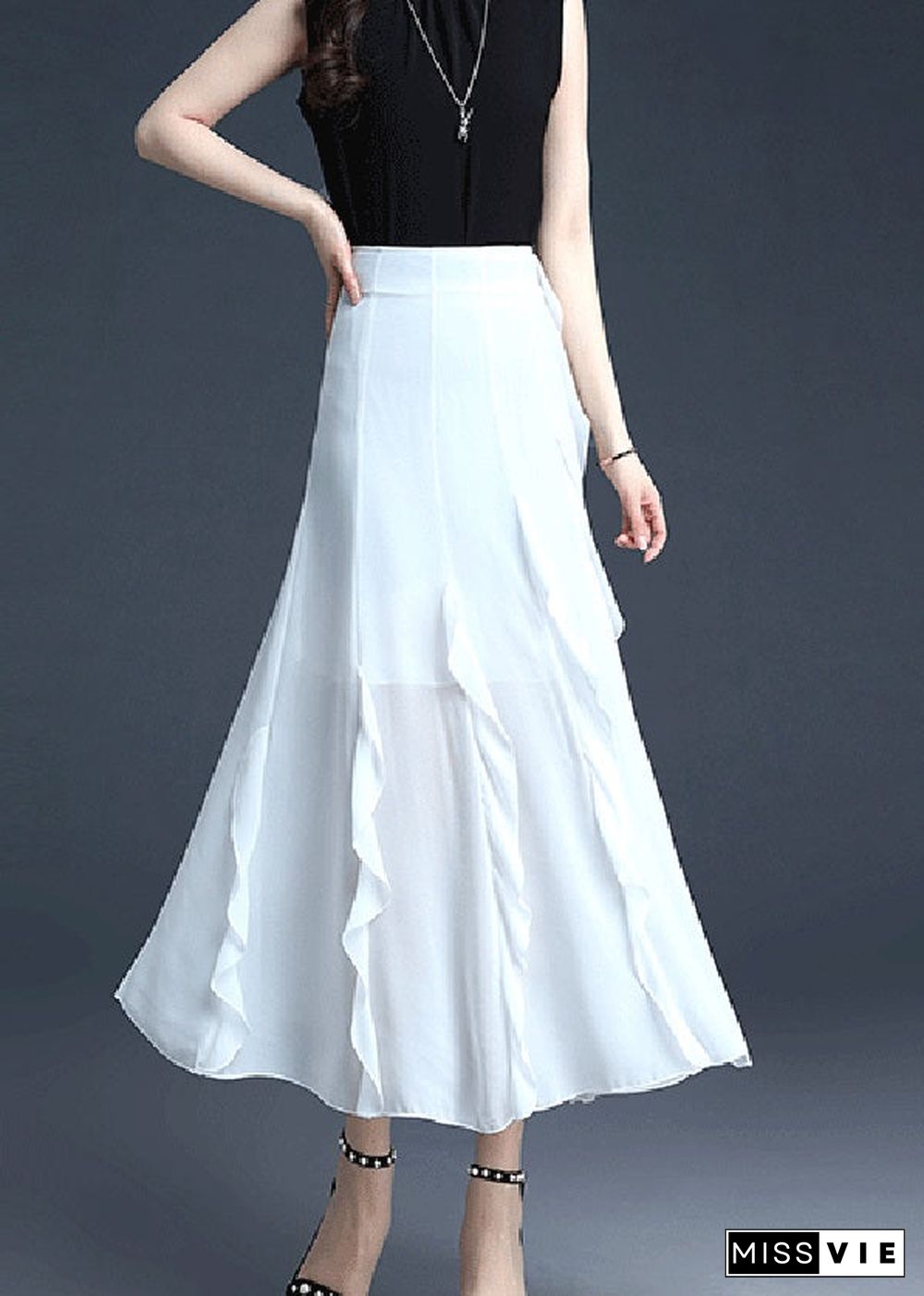 Fitted White Ruffled Patchwork Chiffon Skirts Summer