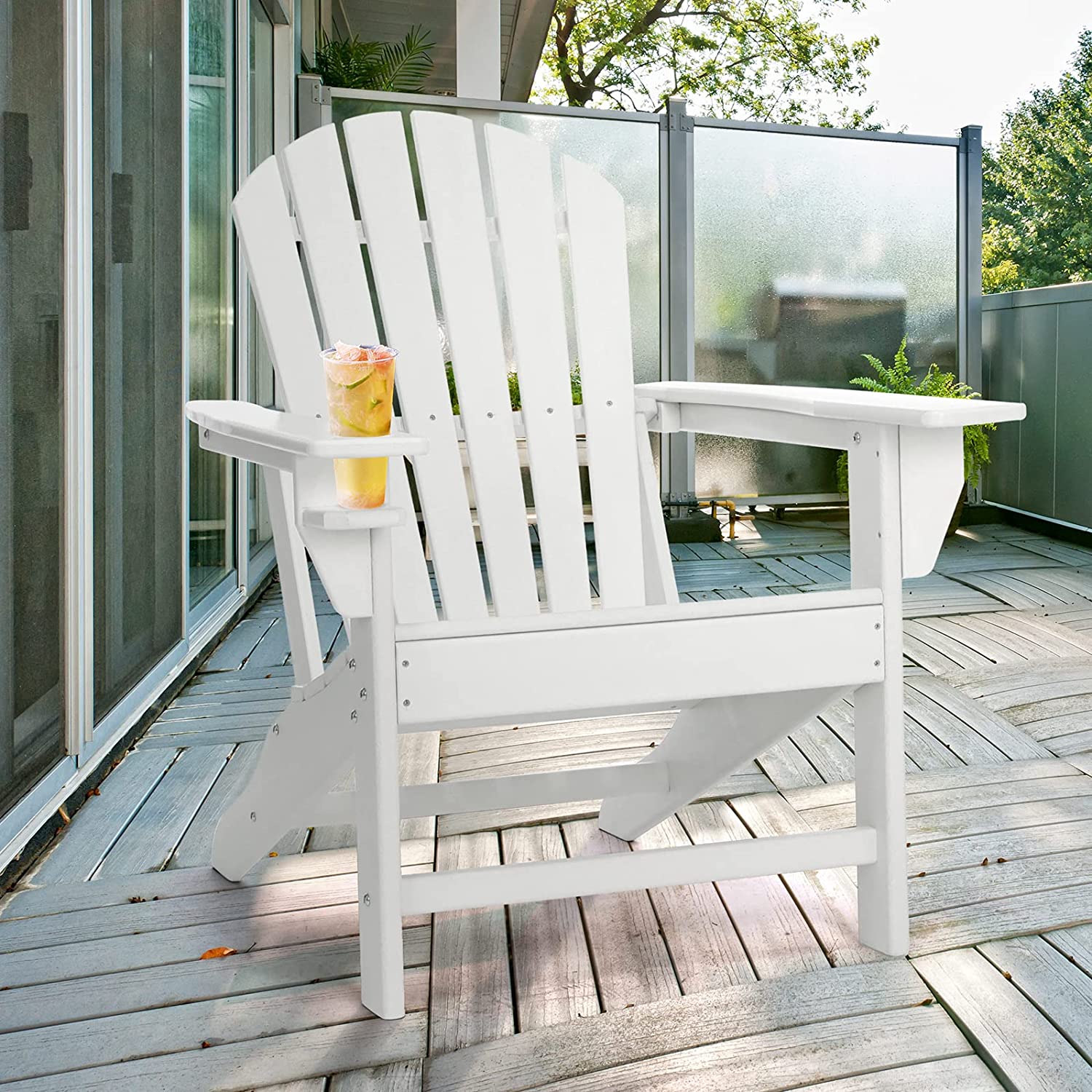 Arlopu HDPE Adirondack Chair with Cup Holder， All Weather Outdoor Patio Furniture