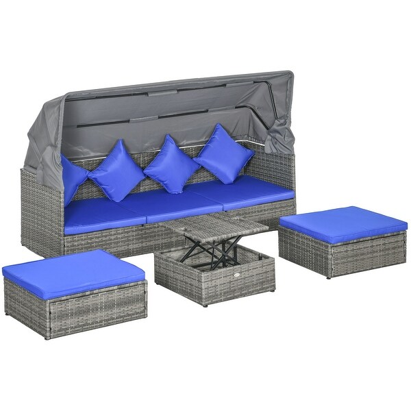 Outsunny 4 Piece Patio Furniture Set with Cushions，PE Rattan Daybed with Retractable Canopy，Outdoor Sectional Sofa Set