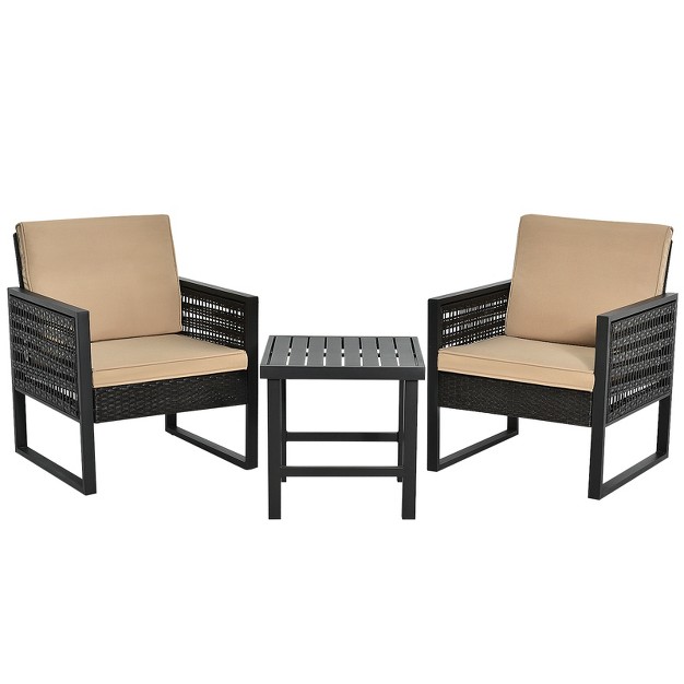 Tangkula 3 piece Patio Wicker Bistro Set Conversation Furniture Sofa With Coffee Table