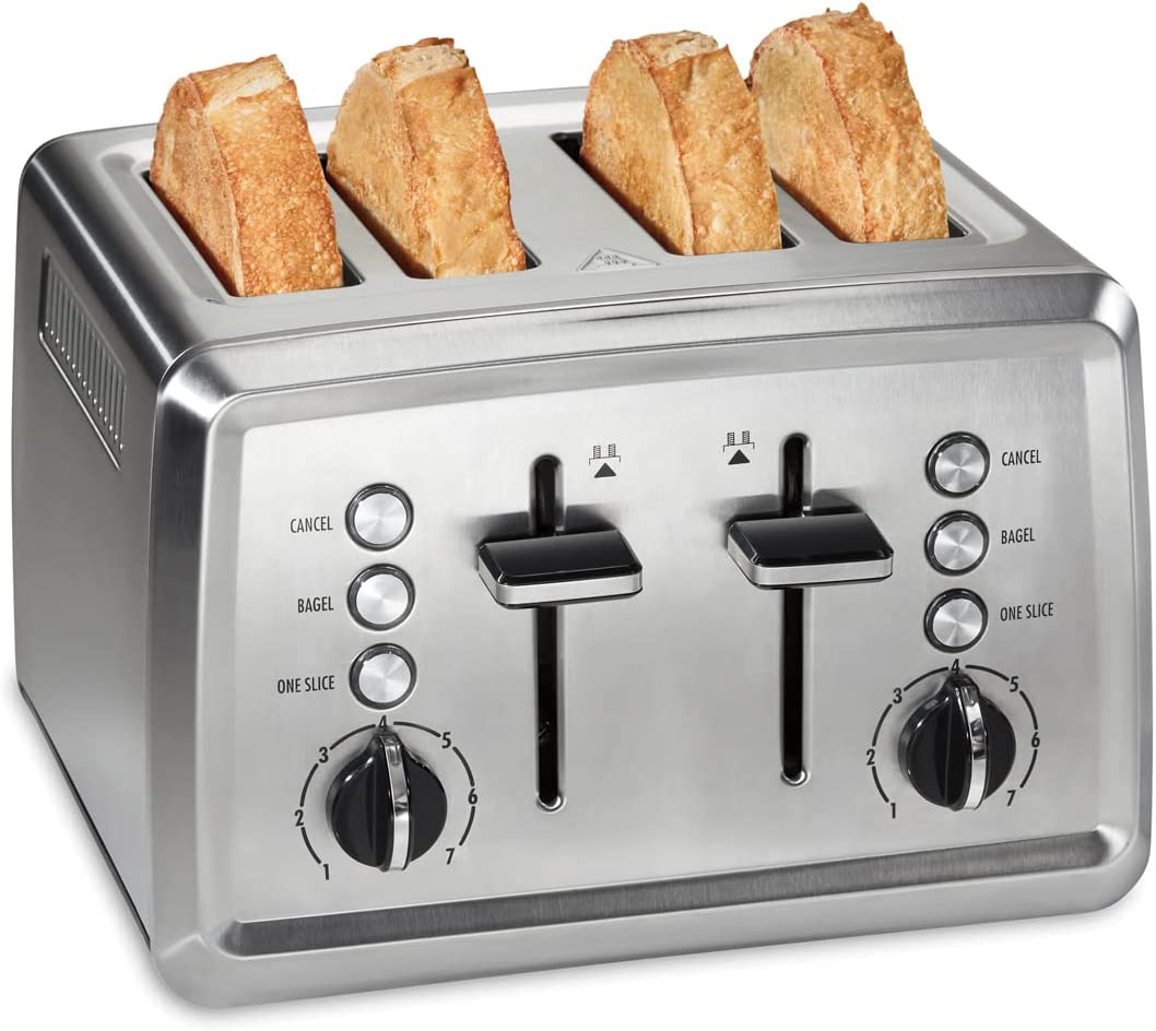 Hamilton Beach Toaster with Extra-Wide Slots， Sure-Crisp Technology， Bagel Setting， Toast Boost， Slide-Out Crumb Tray， Auto-Shutoff and Cancel Button， 4-Slice， Stainless Steel (24798)