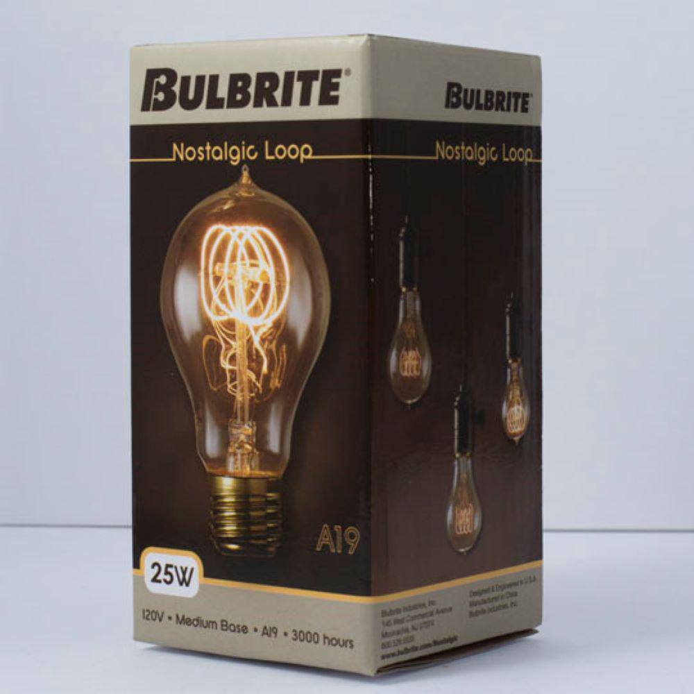 Bulbrite 25-Watt A19 Incandescent Light Bulb Medium Base (E26) Antique Nostalgic Loop 2200K (4-pack) 861373