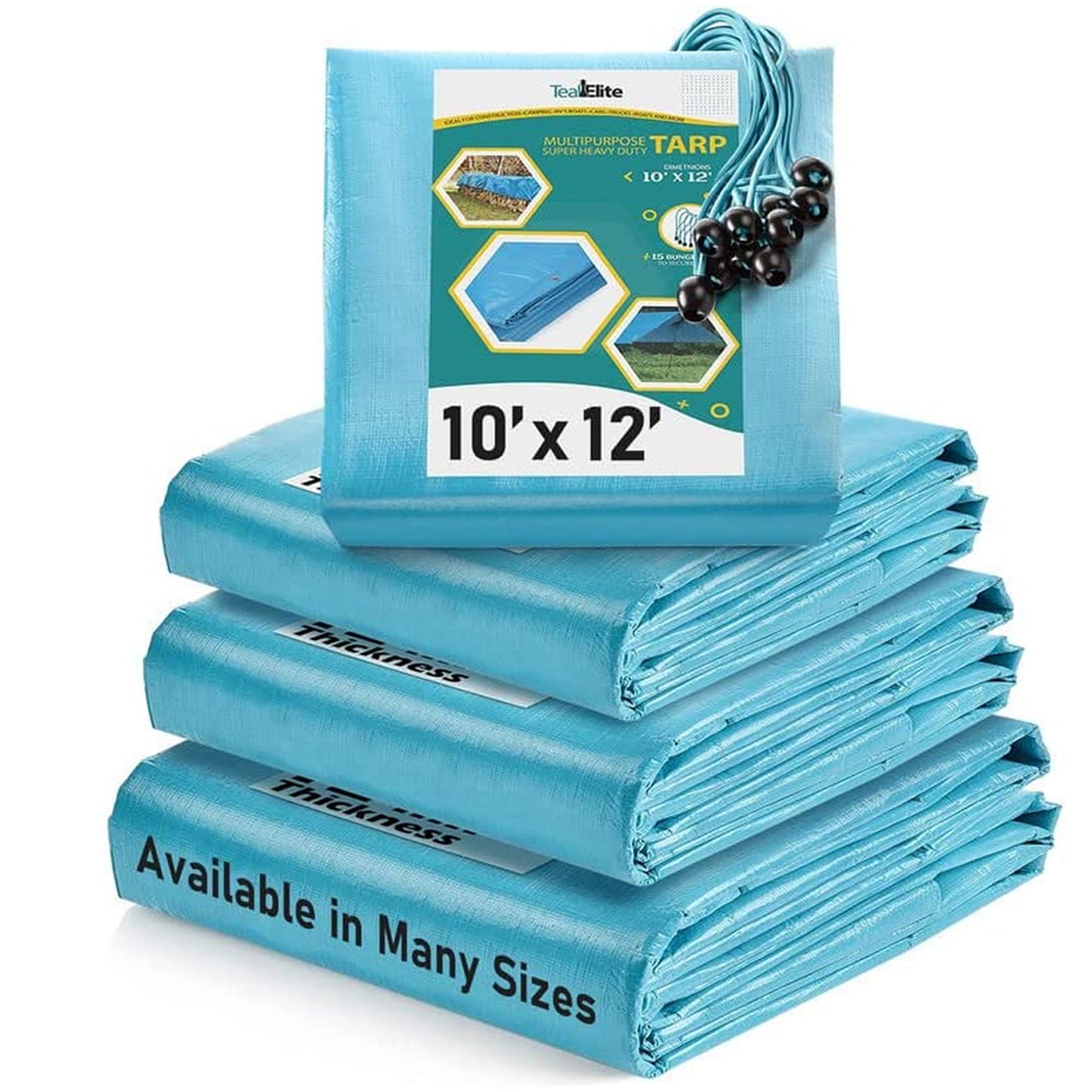 Teal Elite Multipurpose Waterproof Tarp Cover and Bungee Cords Set, 10" x 12"