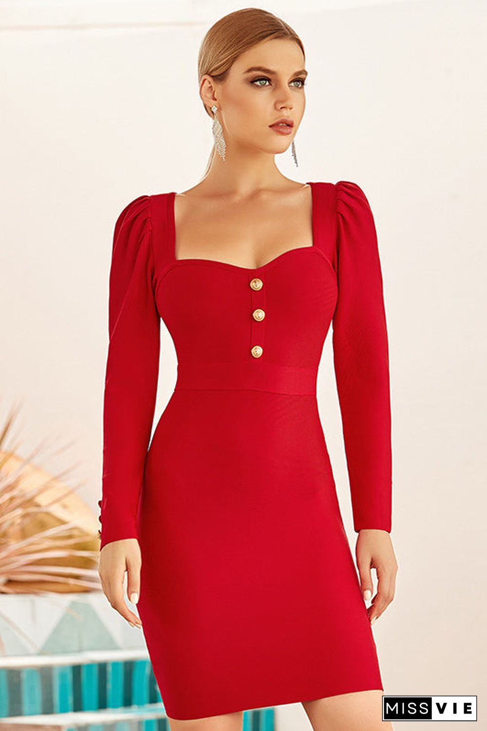 Short Red Long Sleeve Party Bandage Dress